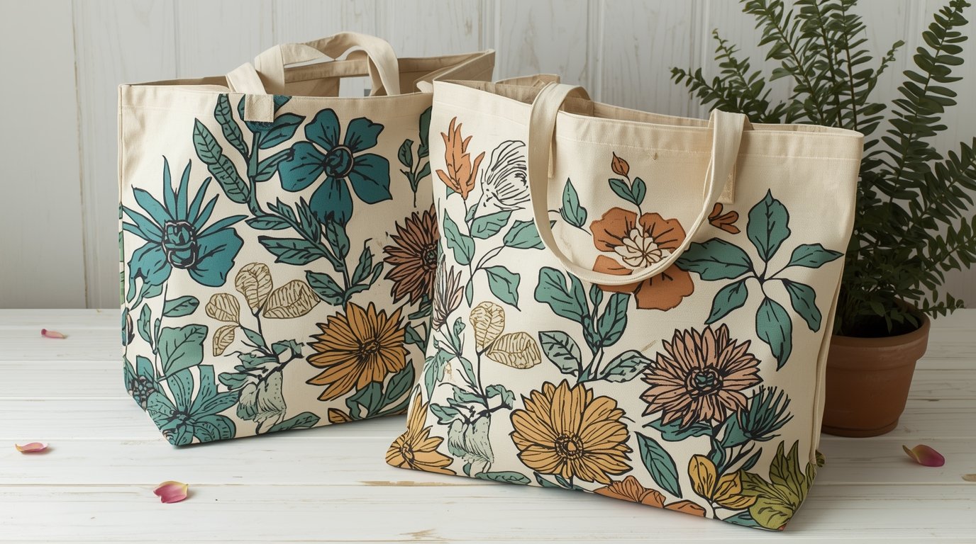Hand-printed cotton tote bags with botanical patterns